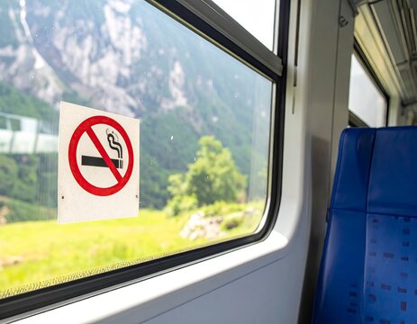 No Smoking on Train - A Clear View of the Swiss Alps.