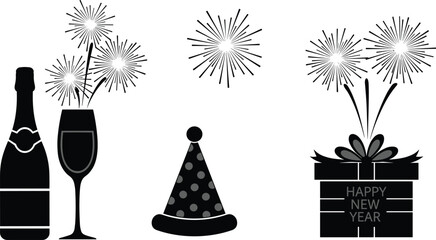 New Year, celebration, party, festive, fireworks, champagne, gift, hat, wine, holiday, silhouette, icon, black, design, sparkle, cheer, toast, event, greeting, fun