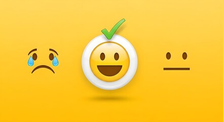 Customer satisfaction survey with happy, neutral, and sad emojis on a yellow background, representing feedback and sentiment analysis