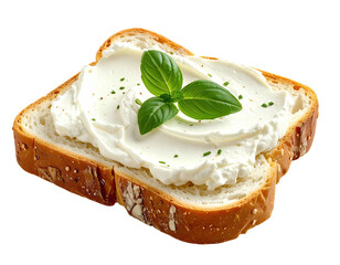 Bread slice with creamy spread, topped with basil