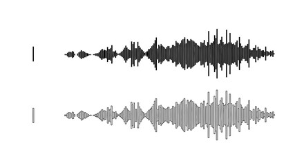 Two waveforms, one dark and one light, displaying fluctuating amplitudes over time, possibly representing sound or seismic data.