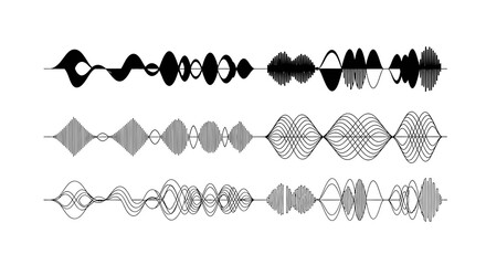 Abstract visualization of three distinct rows of complex oscillating wave patterns, resembling sound or signal waveforms.