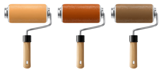 Three paint rollers with varying shades of brown paint, positioned neatly in a row against a white background, suitable for home improvement or artistic projects