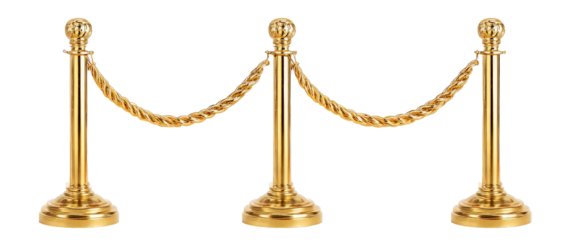 Elegant golden stanchions with a rope barrier set against a clean background, ideal for guiding crowds at events or exhibitions, showcasing a touch of luxury and organization