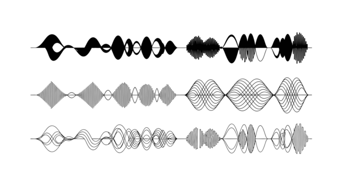 Abstract visualization of three distinct rows of complex oscillating wave patterns, resembling sound or signal waveforms.