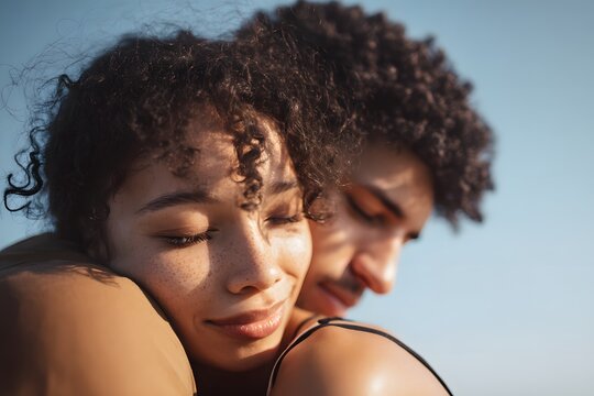 Close up of happy couple embracing with sunlight and blue sky in the background - Powered by Adobe