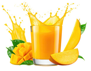 Mango juice splashing in glass w/ fruit pieces