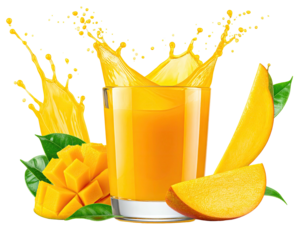 Mango juice splashing in glass w/ fruit pieces