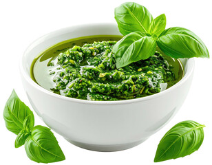 Pesto dip in a white bowl with basil garnish