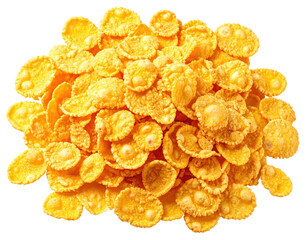 Pile of crispy, golden yellow corn flakes on a dark backdrop