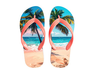 Flip-flops featuring a tropical beach scene on each sole