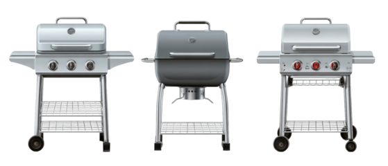 Three sleek, modern grills lined up against a plain background, showcasing their shiny surfaces and distinct features, ideal for outdoor cooking enthusiasts and summer gatherings