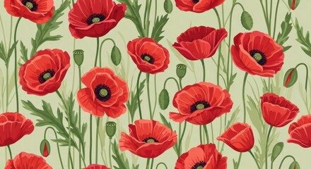 Fototapeta premium Vibrant Red Poppies Pattern Seamless Background, Poppy, Red poppy, Flower