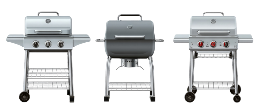 Three sleek, modern grills lined up against a plain background, showcasing their shiny surfaces and distinct features, ideal for outdoor cooking enthusiasts and summer gatherings