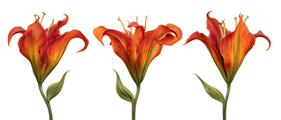 A vibrant display of three orange and red lilies arranged in a row, showcasing their intricate petals and lush green leaves against a solid black background, ideal for floral-themed projects