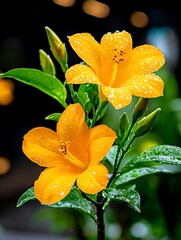 Fototapeta premium Blooming orange hibiscus flowers in nature close-up shot lush greenery freshness vibrant colors