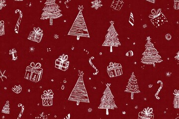 Seamless pattern of hand drawn white christmas trees ornaments and gifts on a deep red background