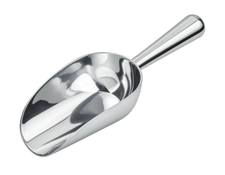 Shiny metal scoop sits against a dark background