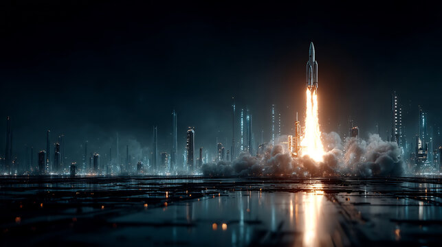 Rocket launch from futuristic city