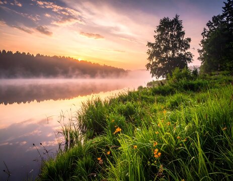 Sunrise bathes a misty river scene; tall grass and wildflowers border the tranquil bank. Lush trees frame the serene landscape - Powered by Adobe