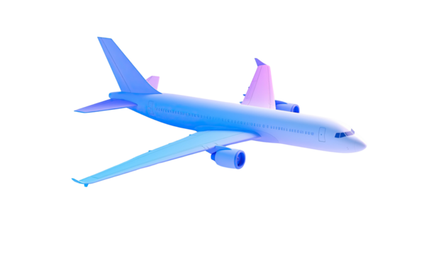 Air plane outlined in purple and blue against black backdrop
