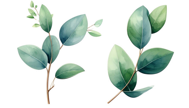 Pair of Fresh Eucalyptus Sprig Variations isolated on transparent background