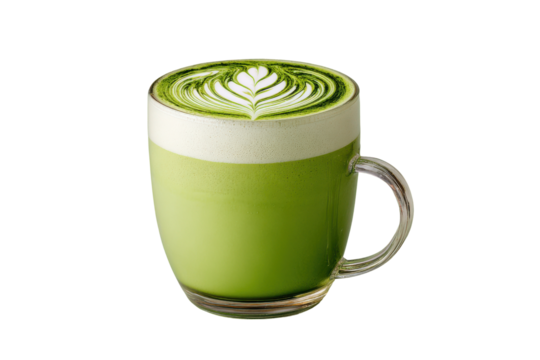 Green matcha latte with frothy milk art in clear glass mug on black drink beverage