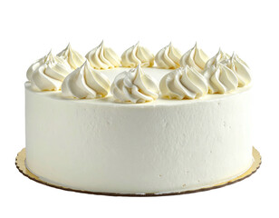Round vanilla cake with piped frosting peaks around edge