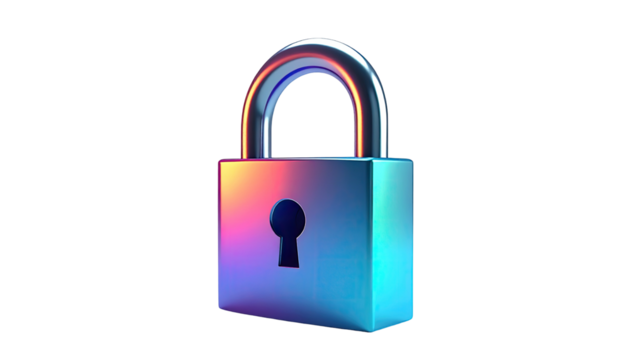 Sleek, vibrant padlock with rainbow iridescence on black