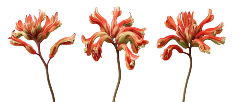 A vibrant display of three uniquely shaped flowers with swirling red and green petals, set against a plain background, showcasing nature's beauty and diversity