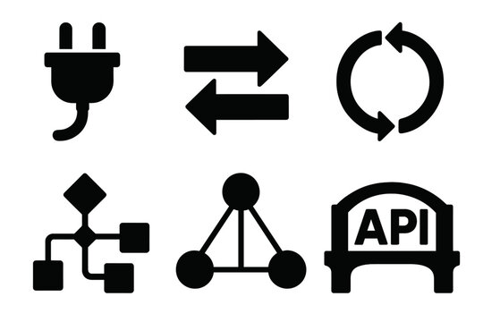 Brutalist Integration Icons. Integration silhouette icon set: plug icon, connection arrows, data sync, workflow diagram, network nodes, API bridge.