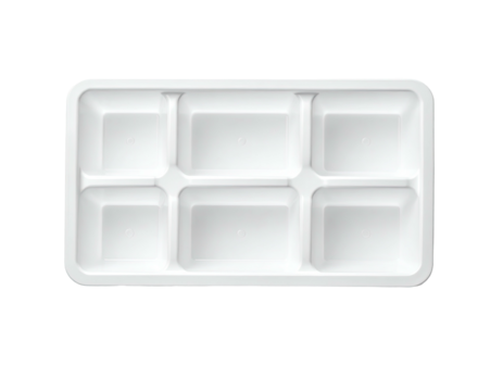 White tray with six divided square compartments overhead view