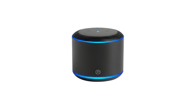 Compact black smart speaker, showcasing a modern cylindrical design with blue light accents, ideal for voicecontrolled assistance and wireless audio streaming