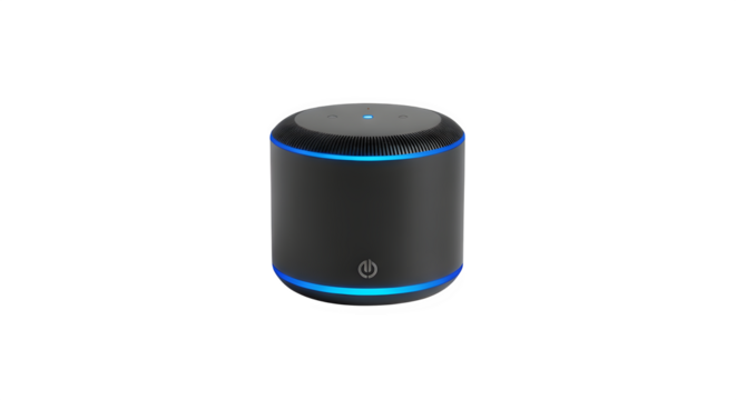 Compact black smart speaker, showcasing a modern cylindrical design with blue light accents, ideal for voicecontrolled assistance and wireless audio streaming