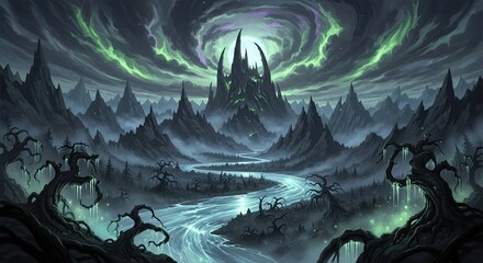 Epic Dark Fantasy Landscape with a Twisted River and Castle.