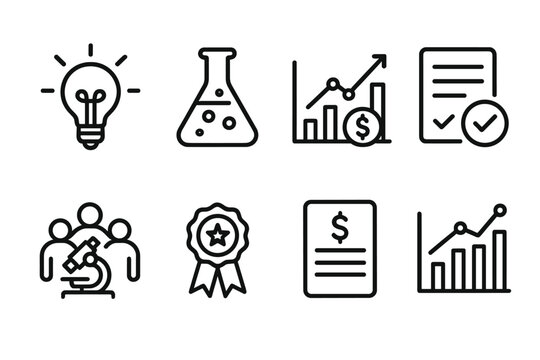 Innovation Icons Set. Innovation Grants linear icon set: lightbulb idea, lab flask, money graph, approved form, team research icon, award ribbon, financial document, analytics