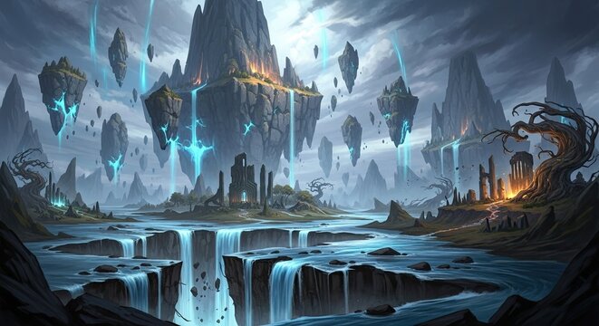Epic Fantasy World of Floating Castles and Magical Waterfalls. - Powered by Adobe