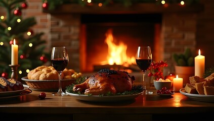 Fototapeta premium Rustic Christmas Feast with Meat, Wine, and Fireplace — Warm Holiday Celebration Scene