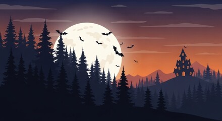 Spooky Halloween night scene with a full moon, silhouetted bats, dark forest, and a haunted castle on a distant hill.