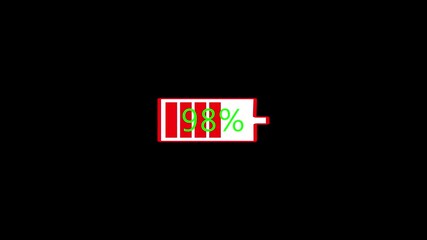 A digital battery icon showing 98 percent charge on a black background, representing energy level, charging status, and power indicator concept.