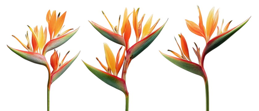 Vibrant arrangement of exotic flowers showcasing bright orange and yellow petals with green foliage, set against a transparent background, ideal for decorative or botanical use