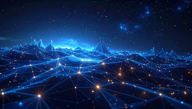 A digital landscape glows in blues and oranges, suggesting interconnected networks over a terrain. Stars pepper the night sky