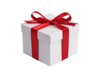White gift box tied with red ribbon and neatly formed decorative bow