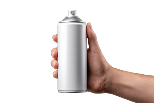 Hand holding blank white spray can against black background image