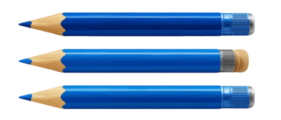 Three blue pencils arranged in a row, showcasing different designs and tips, with a clean white background emphasizing their vibrant colors and potential for artistic use