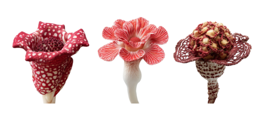 A stunning trio of exotic flowers showcasing vibrant colors and intricate patterns, set against a clean background, perfect for nature enthusiasts and botanical studies