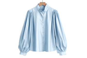 Light blue satin blouse with puffed sleeves and high neck on hanger shirt