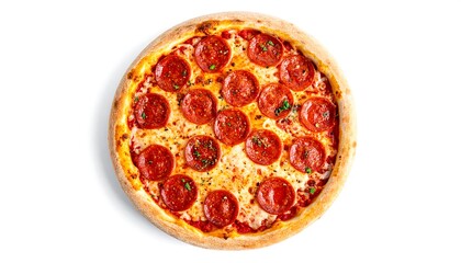Delicious Pepperoni Pizza on White Background, Top View.