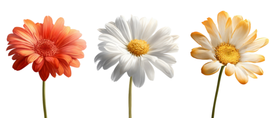A vibrant arrangement of three daisies in varying shades of orange, white, and yellow, showcasing their delicate petals and green stems against a transparent background, ideal for floral-themed design