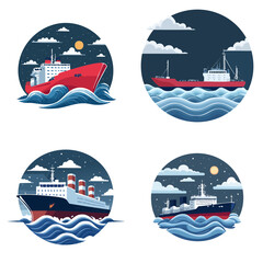 Set of vintage-style cargo freighter ships sailing on stormy waves at night, flat vector illustration, minimal round composition.